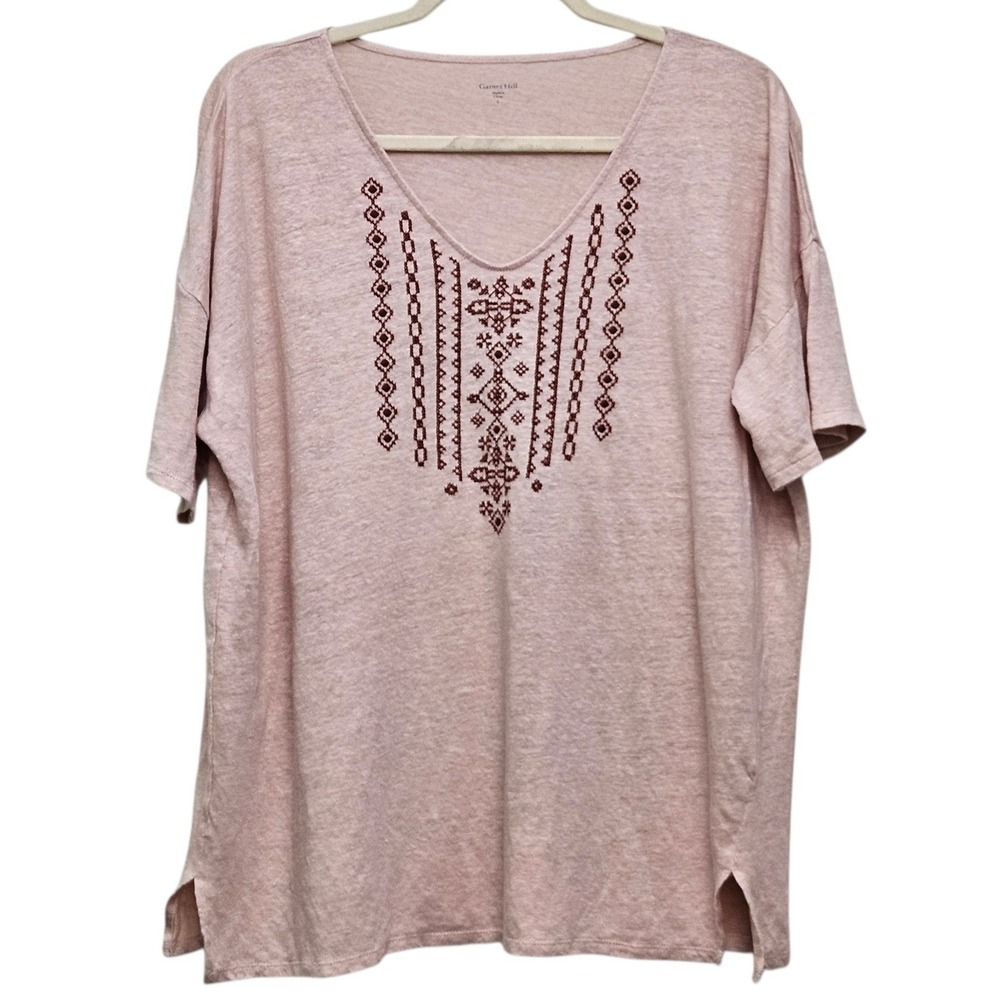 Garnet Hill Women's Organic Linen Embroidered V Neck Top Blouse Pink Oversized L
